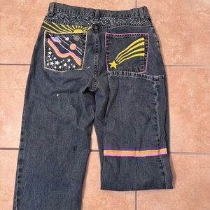 Vintage Denim Jeans with Colorful Space Design